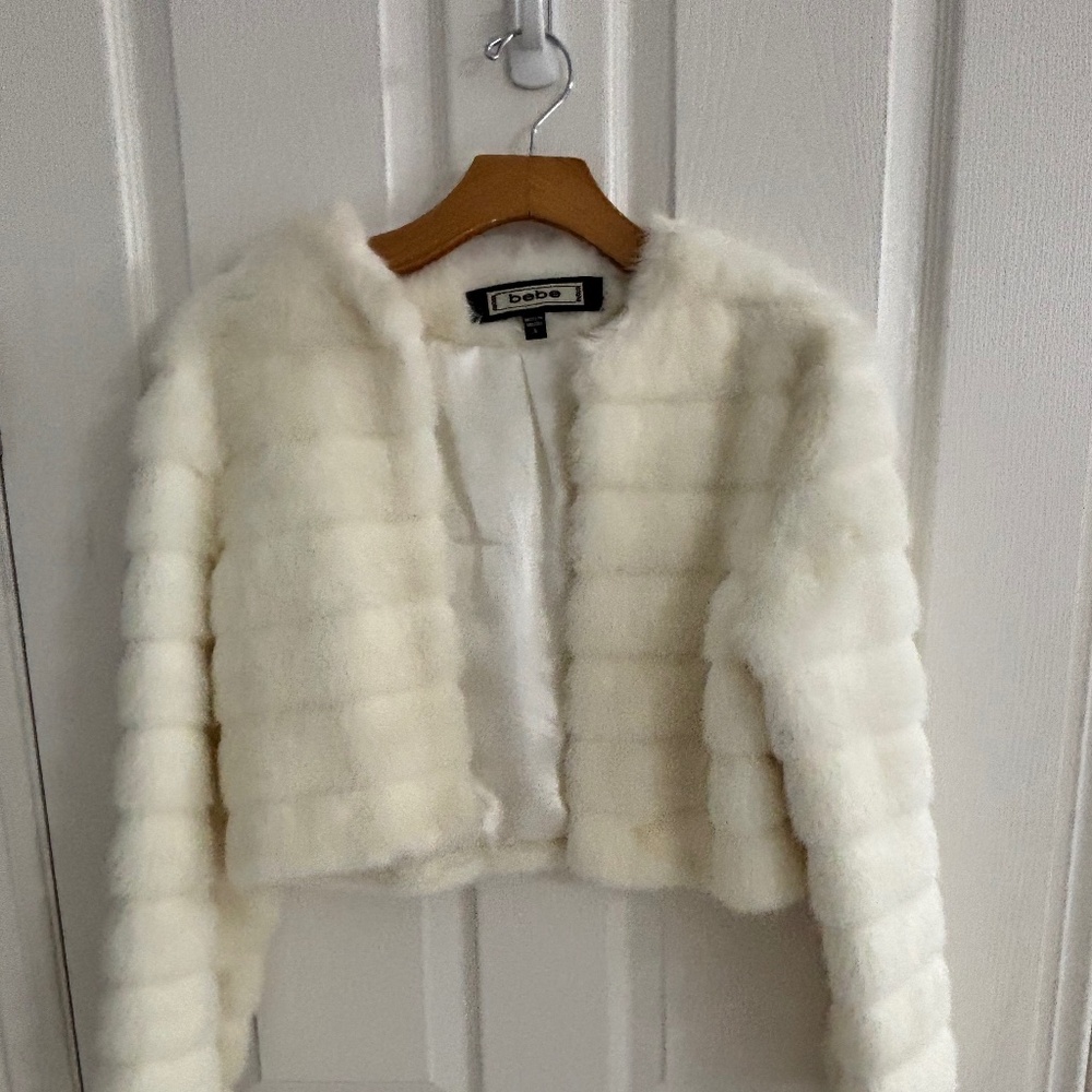 Bebe white crop faux fur jacket